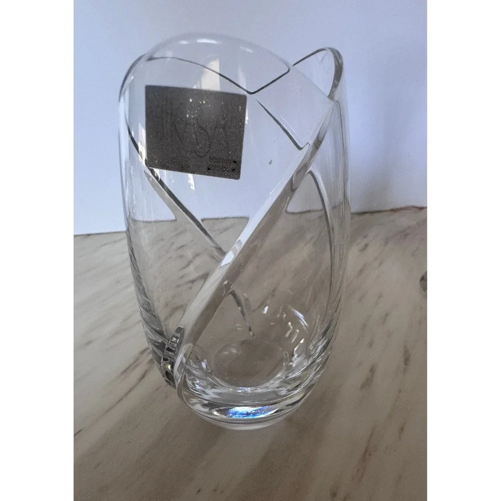 Mikasa Crystal Bud Vase 5.5 Inch Swirl Cut Clear Glass Scalloped Rim Oval Heavy